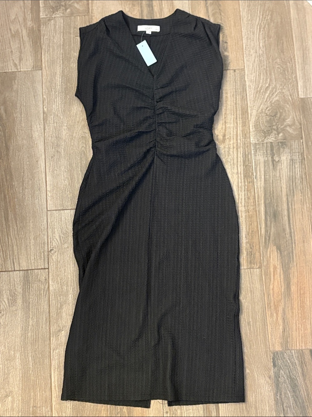 LOFT Sleeveless Black Ruched Midi Dress